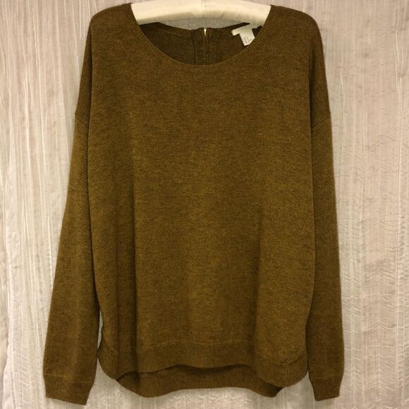 H&M M Mustard Heather Back Zip Wool Blend High Low Crewneck Pullover Sweater - Picture 1 of 12